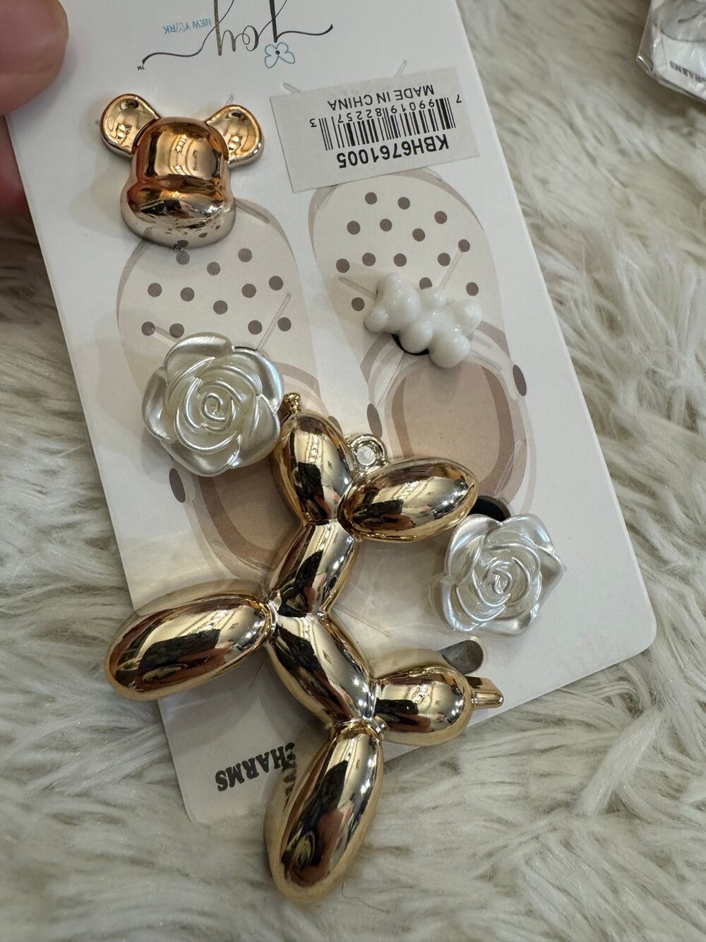 Gold balloon dog with white roses shoe/ bag charms set of 5